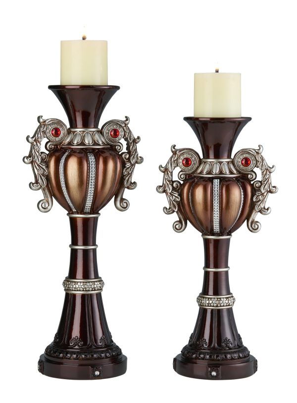 Set Of Two Bronze Tabletop Urn Shape Pillar Candle Holders - Image 2