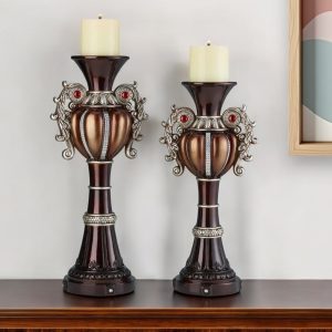Set Of Two Bronze Tabletop Urn Shape Pillar Candle Holders
