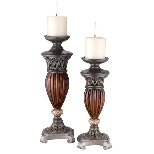 Set Of Two Bronze and Brown Tabletop Pillar Candle Holders - Image 3