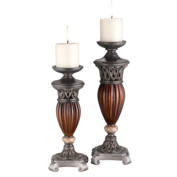 Set Of Two Bronze and Brown Tabletop Pillar Candle Holders - Image 2