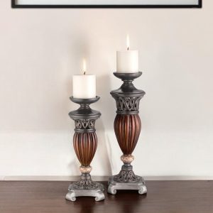 Set Of Two Bronze and Brown Tabletop Pillar Candle Holders