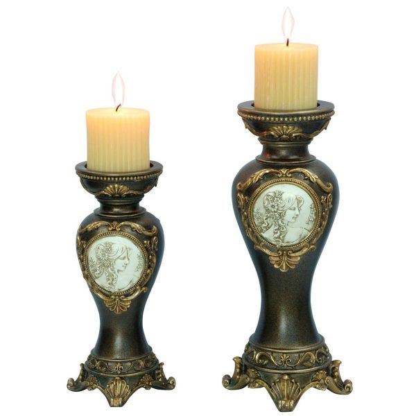 Set Of Two Bronze Greek Cameo Pillar Candle Holders - Image 3