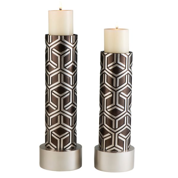 Set Of Two Espresso and Silver Pillar Tabletop Pillar Candle Holders - Image 2