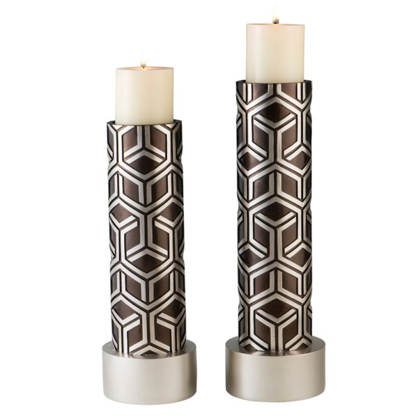 Set Of Two Espresso and Silver Pillar Tabletop Pillar Candle Holders - Image 3