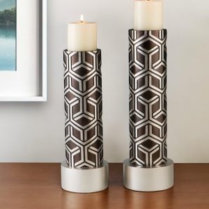 Set Of Two Espresso and Silver Pillar Tabletop Pillar Candle Holders
