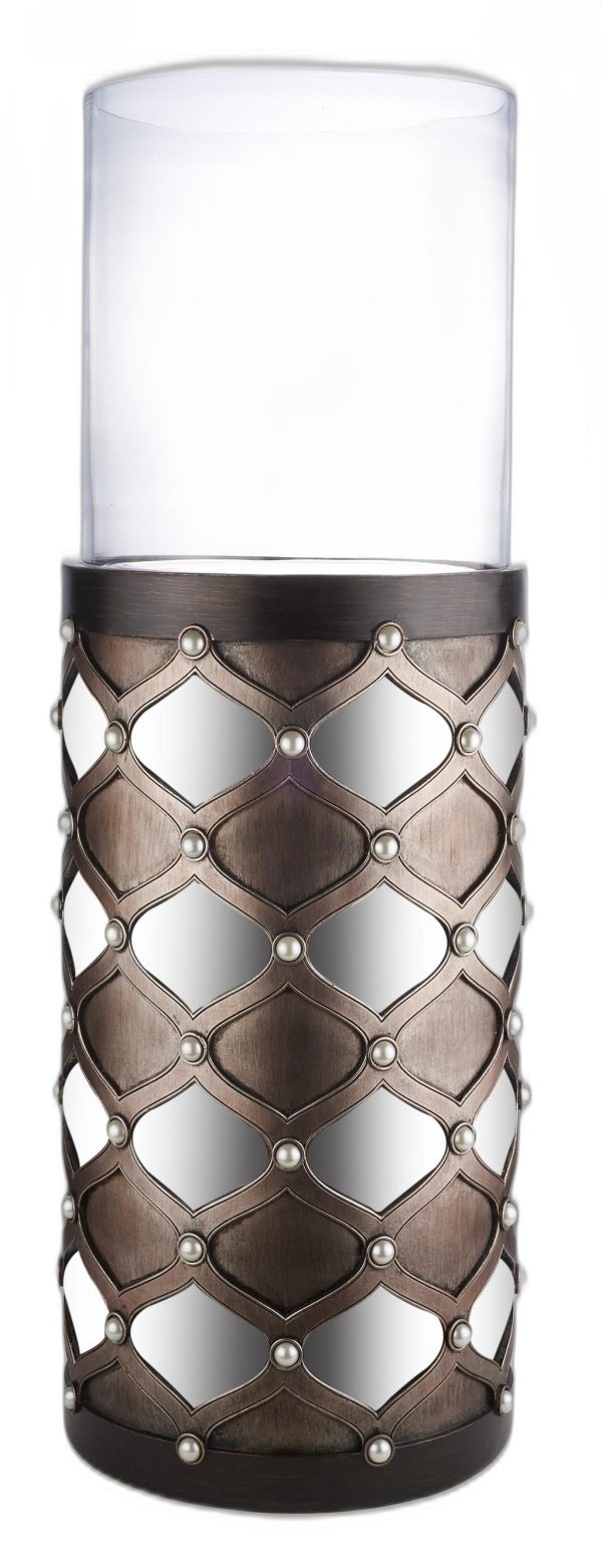 31" Bronze and Silver with Pearls Floor Hurricane Candle Holder - Image 3