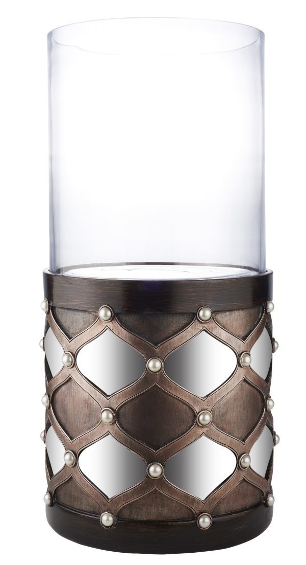 22" Bronze and Silver with Pearls Tabletop Hurricane Candle Holder - Image 3