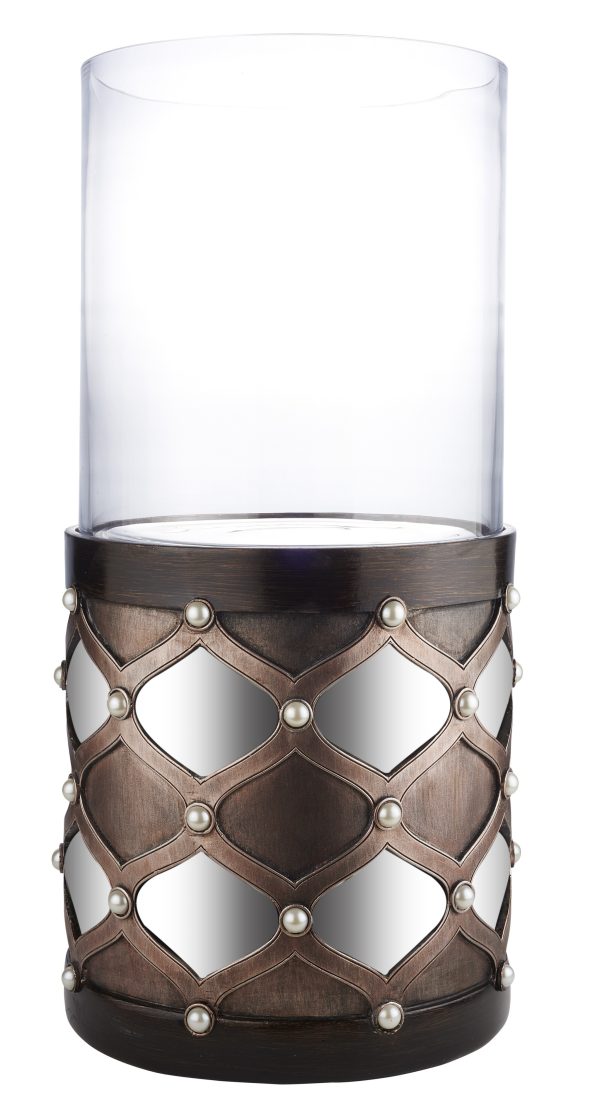 22" Bronze and Silver with Pearls Tabletop Hurricane Candle Holder - Image 2