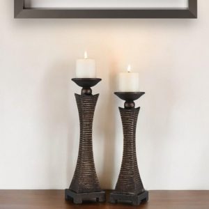 Set of Two Bronze Polyresin Woven Tabletop Pillar Candle Holders With Candle