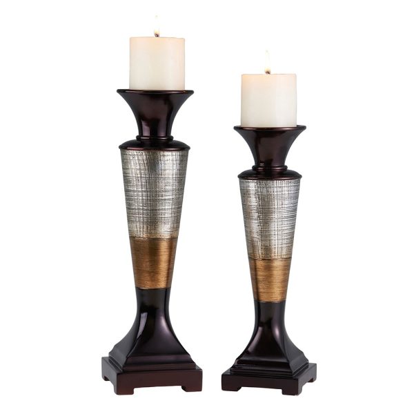 Set of Two Espresso Silver and Gold Polyresin Striped Centerpiece Pillar Candle Holders With Candle - Image 2