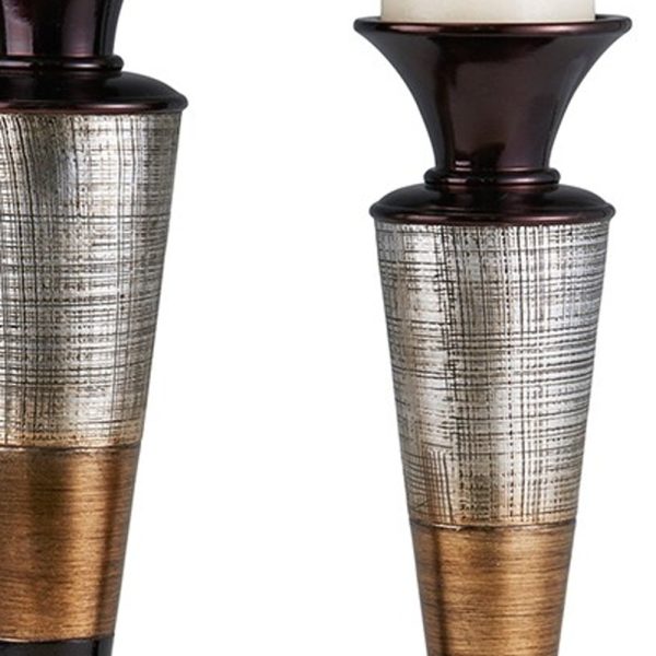 Set of Two Espresso Silver and Gold Polyresin Striped Centerpiece Pillar Candle Holders With Candle - Image 3