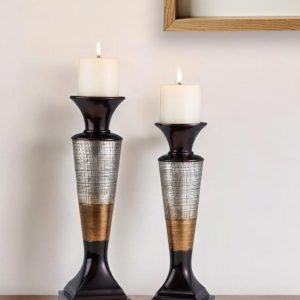 Set of Two Espresso Silver and Gold Polyresin Striped Centerpiece Pillar Candle Holders With Candle