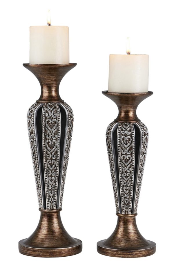 Set of Two Bronze and Silver Polyresin Hearts Centerpiece Pillar Candle Holders With Candle - Image 2