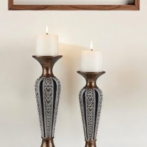 Set of Two Bronze and Silver Polyresin Hearts Centerpiece Pillar Candle Holders With Candle