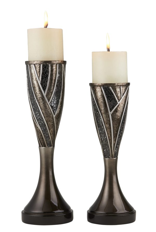 Set of Two Black Silver and Bronze Polyresin Abstract Centerpiece Pillar Candle Holders With Candle - Image 2