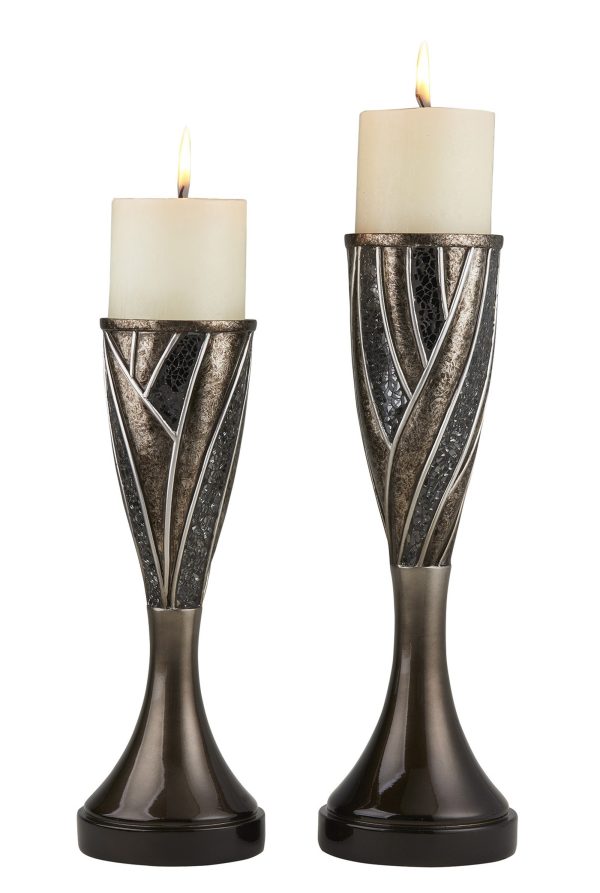 Set of Two Black Silver and Bronze Polyresin Abstract Centerpiece Pillar Candle Holders With Candle - Image 3