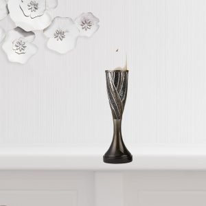 Set of Two Black Silver and Bronze Polyresin Abstract Centerpiece Pillar Candle Holders With Candle