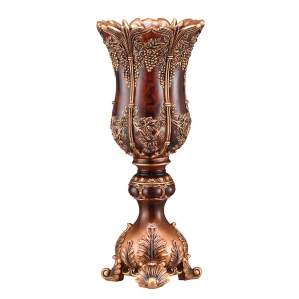 20" Brown And Red Floral Urn Polyresin Table Vase With Sculptural Details - Image 3
