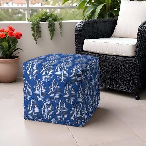 17" Blue and White Polyester Cube Floral Outdoor Pouf Ottoman - Image 2