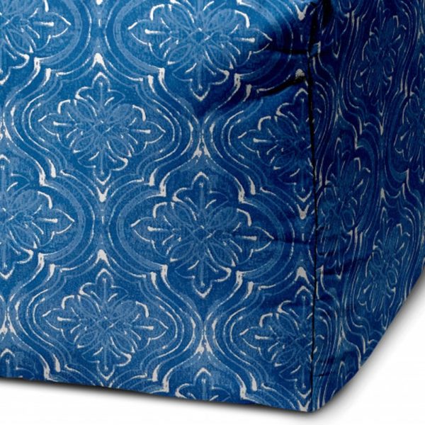 17" Blue and White Polyester Cube Damask Outdoor Pouf Ottoman - Image 3