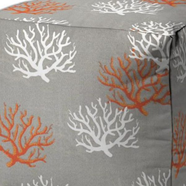 17" Gray White and Orange Polyester Cube Coral Outdoor Pouf Ottoman - Image 3