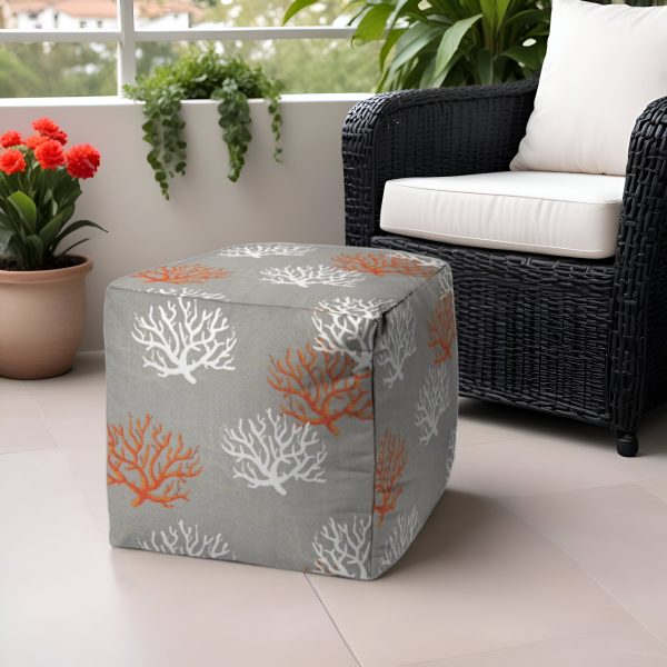 17" Gray White and Orange Polyester Cube Coral Outdoor Pouf Ottoman - Image 2
