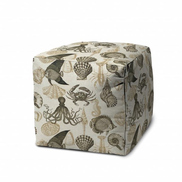 17" Taupe Gray and Beige Polyester Cube Coastal Outdoor Pouf Ottoman - Image 2