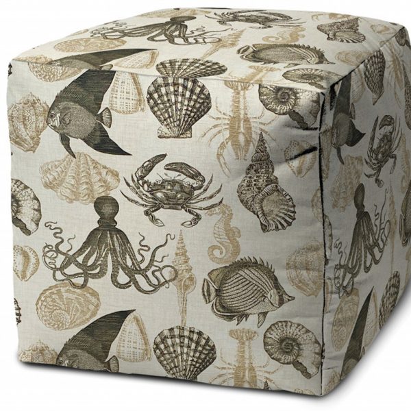 17" Taupe Gray and Beige Polyester Cube Coastal Outdoor Pouf Ottoman - Image 3