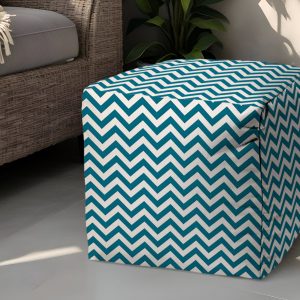 17" Turquoise and White Polyester Cube Chevron Outdoor Pouf Ottoman