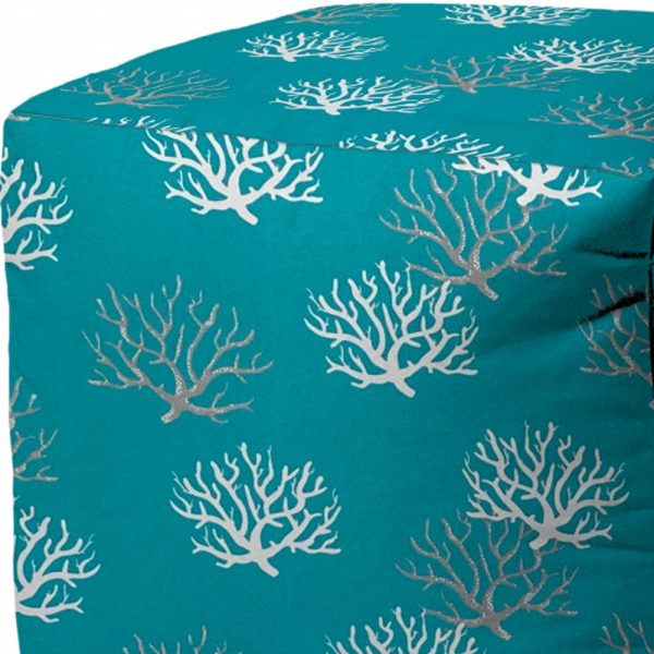 17" Turquoise White and Gray Polyester Cube Coral Outdoor Pouf Ottoman - Image 3