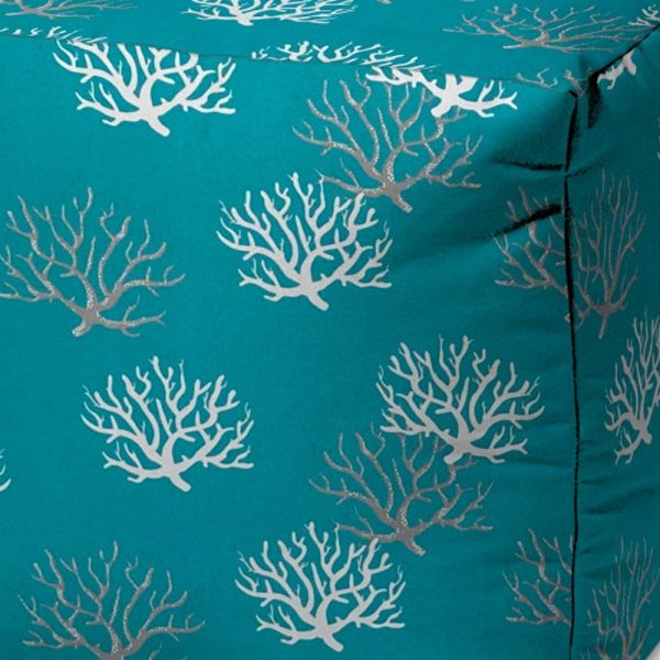 17" Turquoise White and Gray Polyester Cube Coral Outdoor Pouf Ottoman - Image 3