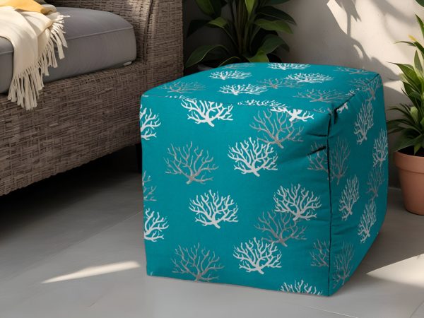 17" Turquoise White and Gray Polyester Cube Coral Outdoor Pouf Ottoman - Image 2
