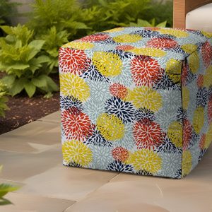 17" Green Polyester Cube Floral Indoor Outdoor Pouf Ottoman