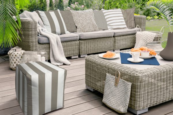 17" Taupe Polyester Cube Striped Indoor Outdoor Pouf Ottoman - Image 3