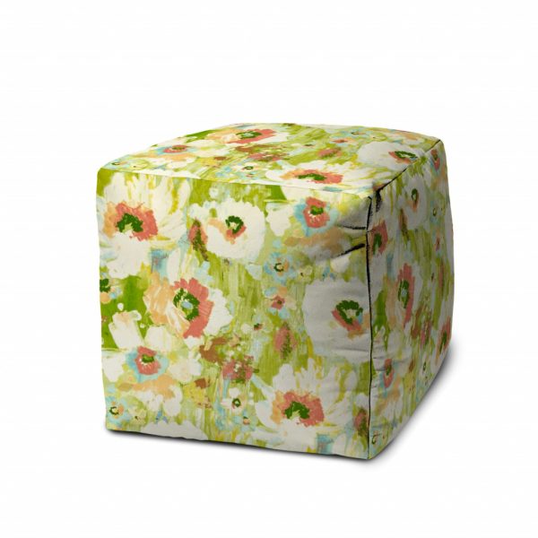 17" Green Polyester Cube Floral Indoor Outdoor Pouf Ottoman - Image 2