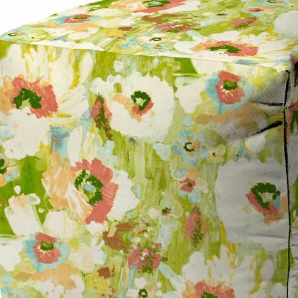 17" Green Polyester Cube Floral Indoor Outdoor Pouf Ottoman - Image 3