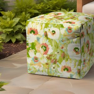 17" Green Polyester Cube Floral Indoor Outdoor Pouf Ottoman