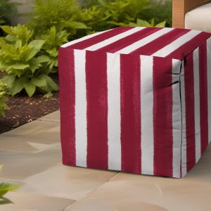 17" Red And White Polyester Cube Striped Indoor Outdoor Pouf Ottoman