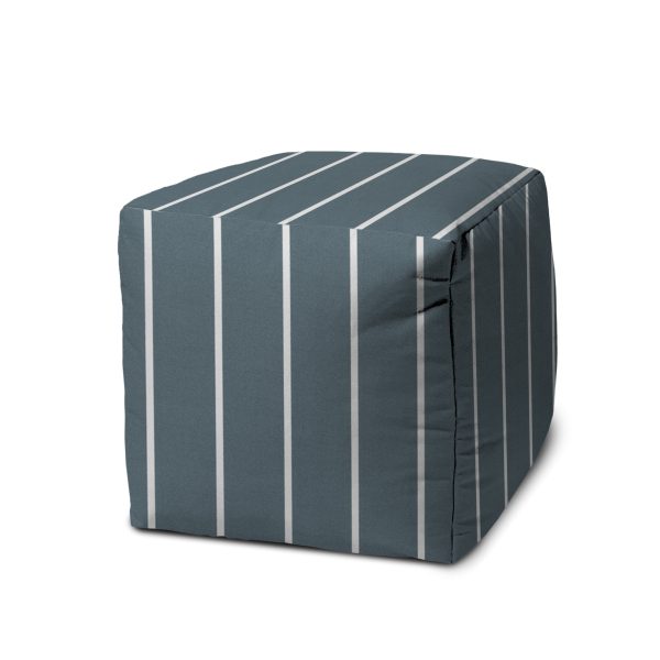 17" Blue Polyester Cube Striped Indoor Outdoor Pouf Ottoman - Image 2
