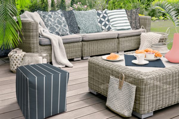 17" Blue Polyester Cube Striped Indoor Outdoor Pouf Ottoman - Image 3