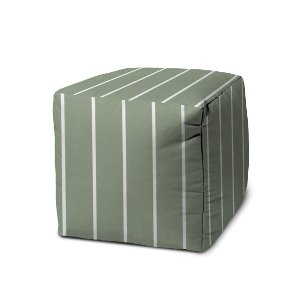17" Green Polyester Cube Striped Indoor Outdoor Pouf Ottoman - Image 2