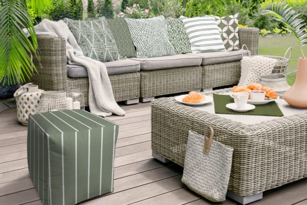 17" Green Polyester Cube Striped Indoor Outdoor Pouf Ottoman - Image 3