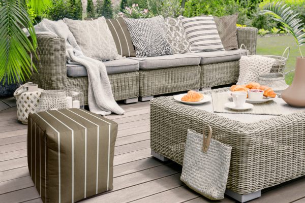 17" Taupe Polyester Cube Striped Indoor Outdoor Pouf Ottoman - Image 3