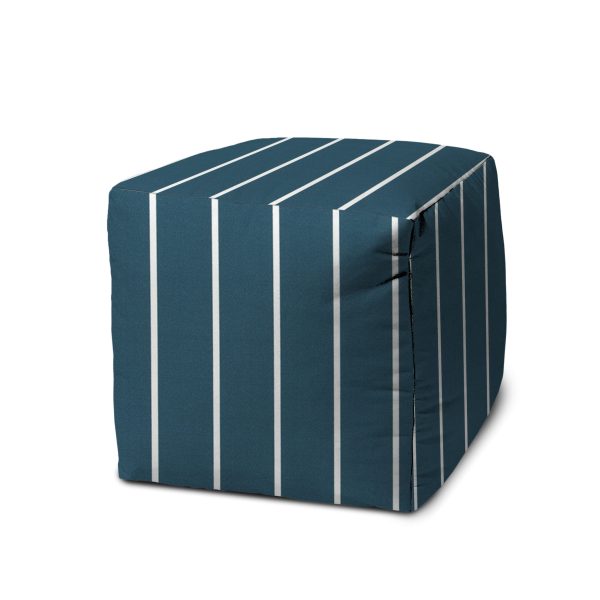 17" Turquoise Polyester Cube Striped Indoor Outdoor Pouf Ottoman - Image 2