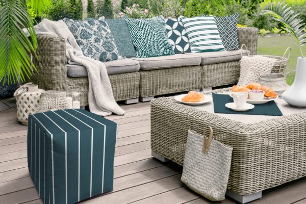 17" Turquoise Polyester Cube Striped Indoor Outdoor Pouf Ottoman - Image 3