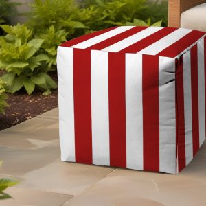 17" Red Polyester Cube Striped Indoor Outdoor Pouf Ottoman