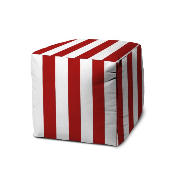 17" Red Polyester Cube Striped Indoor Outdoor Pouf Ottoman - Image 2