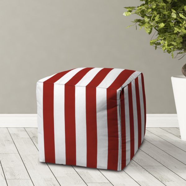 17" Red Polyester Cube Striped Indoor Outdoor Pouf Ottoman - Image 3
