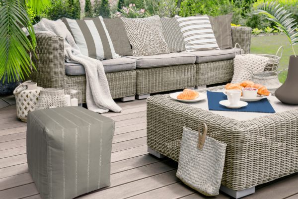 17" Taupe Cube Striped Indoor Outdoor Pouf Cover - Image 3