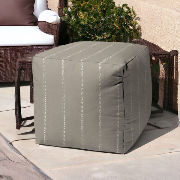 17" Taupe Cube Striped Indoor Outdoor Pouf Cover - Image 2